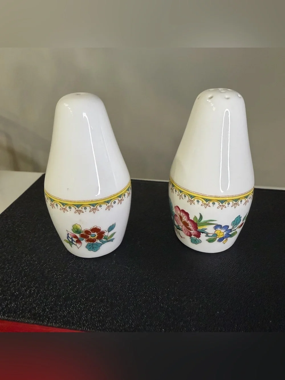 Vintage coalport Ming rose ,England, White Porcelain Floral Salt and Pepper Set